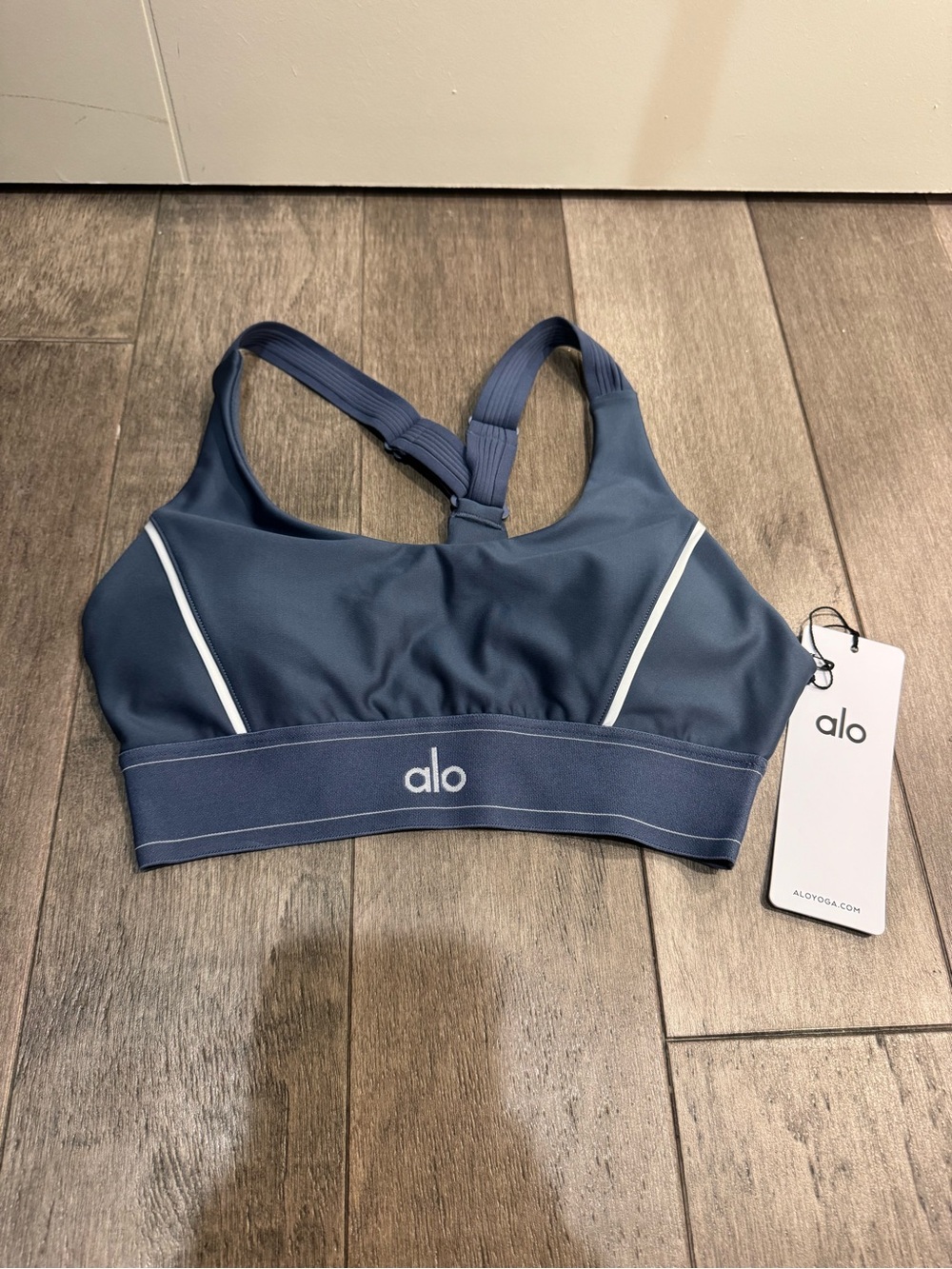 ALO Yoga Navy Blue Racerback Sports Bra with Contrast Piping